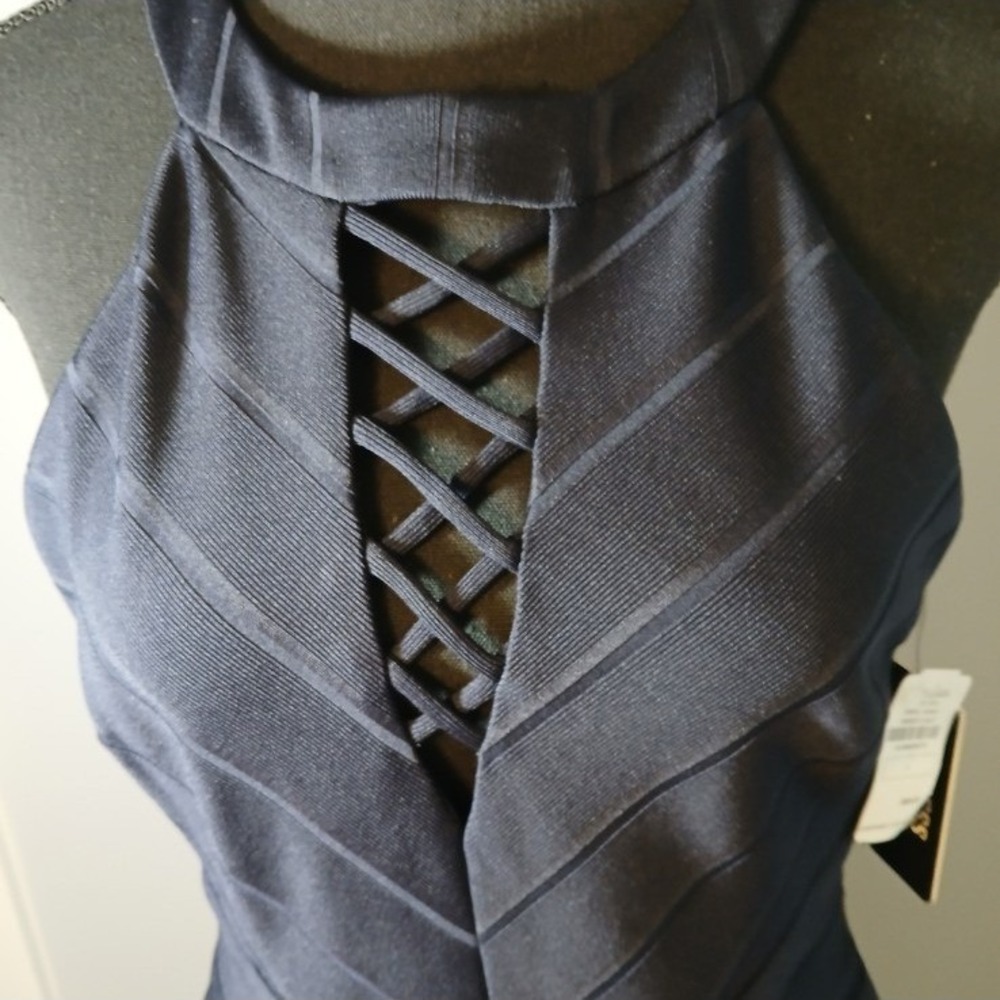 Guess Navy Blue Halter Lattice Neck Bandage Flare Cocktail Dress GDKP2467 Size 8 - Picture 3 of 13